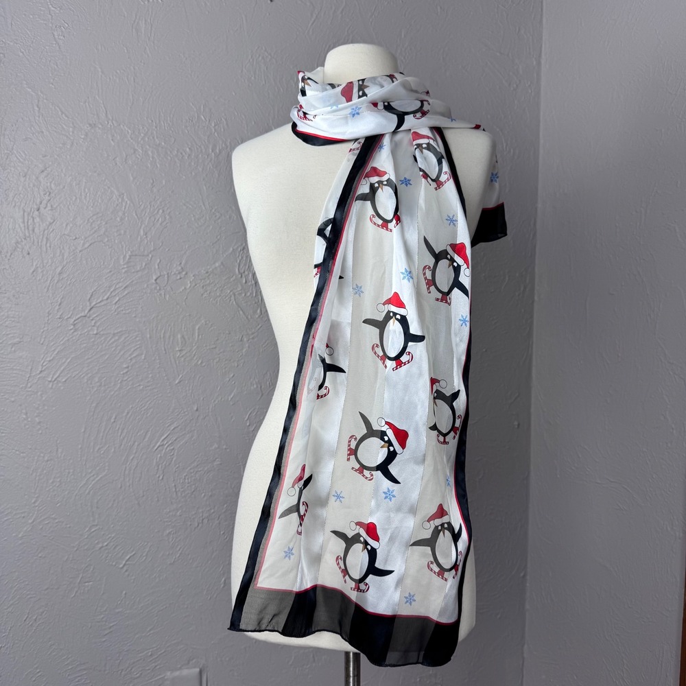 Vintage 90s Christmas Winter Penguin Scarf Snowflakes rectangle dressy